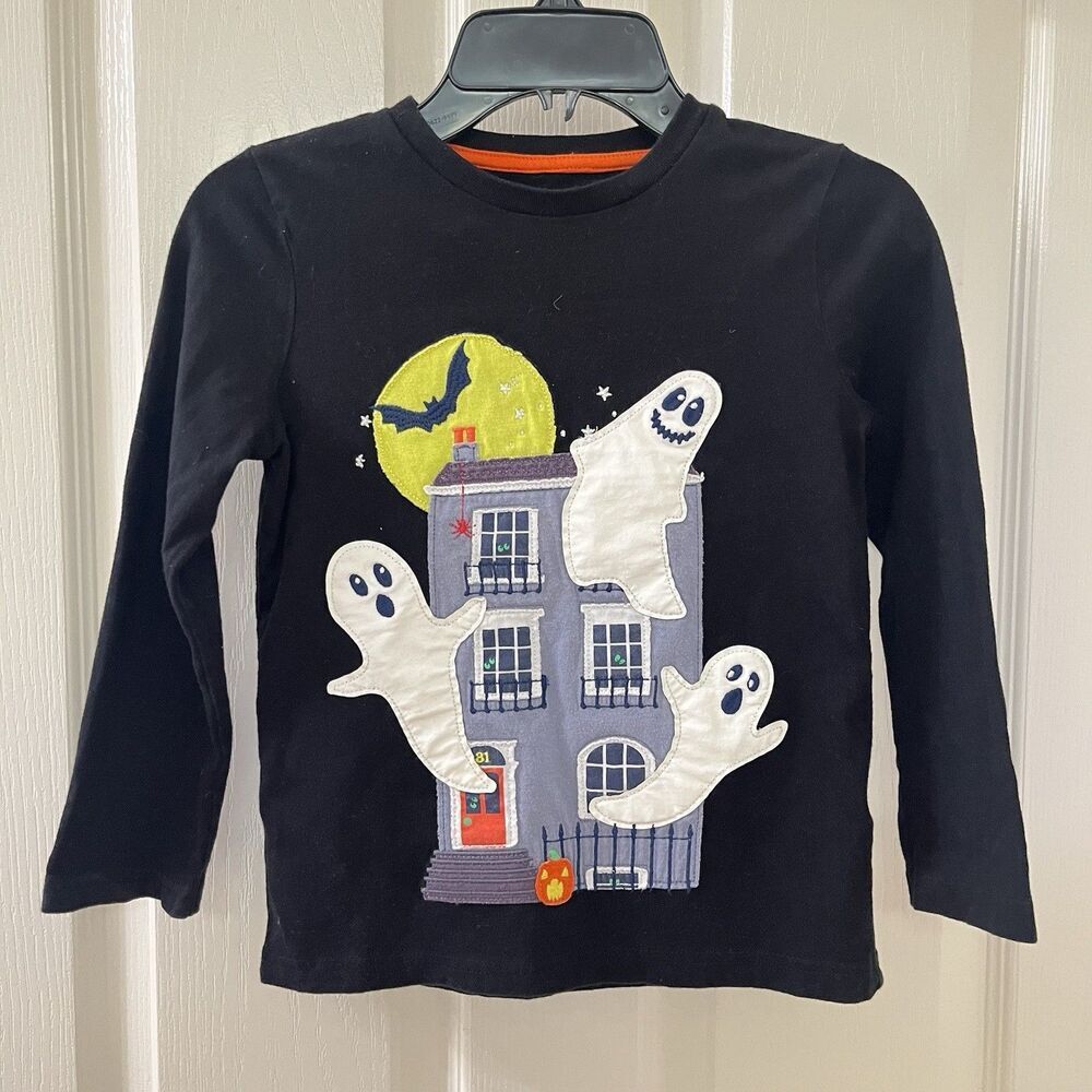 Mini Boden Ghost Haunted House T-Shirt Glow In The Dark Halloween Size 5-6 years